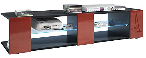Vladon Buffet Bas Movie V2, Meuble TV avec 6 Compartiments Ouverts et placages décoratifs, Noir Mat/Bordeaux Haute Brillance, éclairage LED Bleu Inclus (134 x 29 x 39 cm)