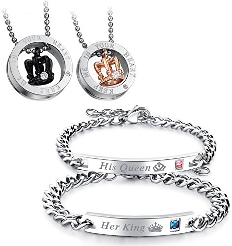 Flongo Paar-Schmuckset Partner Armbänder + Partner Halsketten Paar Geschenke Edelstahl-Halskette und -Armband mit Gravur Halskette mit Ring Geschenke für Jahrestage, Valentinstage, Geburtstage