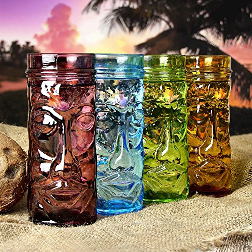 bar@drinkstuff Coloured Glass Tiki Mugs 14oz / 400ml - Set of 4 - Gift Boxed Glass Cocktail Cups Shaped Like Tiki Heads