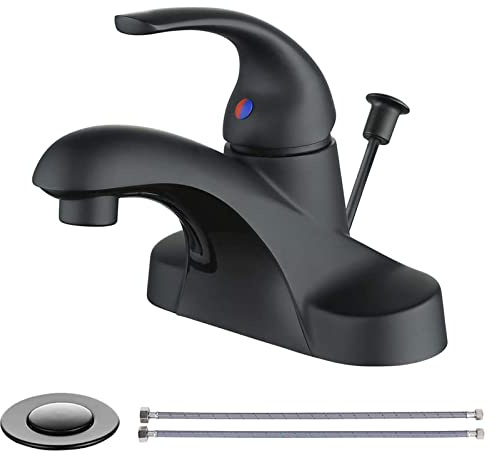 WOWOW Black Bathroom Faucet One Handle 4 inch Centerset Bathroom Faucets with Lift Rod Drain Assembly Sink Faucet Lavatory Faucet Matte Black Bathroom Faucets
