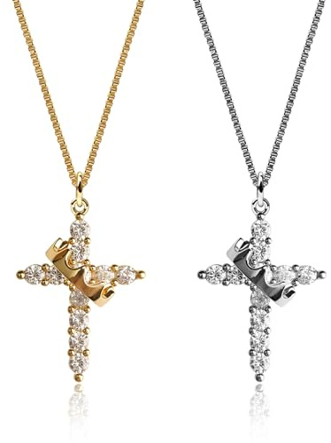 OOTDAY 2PCS Crown Necklace for Women, 14K Gold Silver Cross Necklace, Dainty Gold Plated Cross Necklaces Non-Tarnish, Diamond Trendy Simple Faith Jewelry Gifts for Women