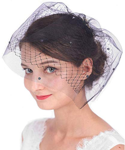 Aimimier Brautschleier mit Kristall Perle Kamm Weiß Doppelschicht Vogelkäfig Schleier für Hochzeit, Schwarz, 17inch * 11inch