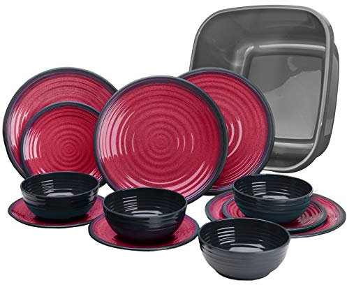 Vaisselle de camping 13 pièces en mélamine pour 4 personnes, incluant 4 grandes assiettes, 4 assiettes à dessert, et 4 bols, plus une bassine. Design moderne, robuste et léger