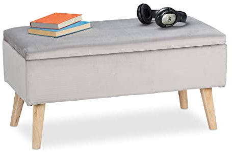 Relaxdays Panca Contenitore, 40x41x80 cm, 40L, Seduta Imbottita, Gambe in Legno, Pouf Cassapanca, 2 Posti, Grigio Chiaro