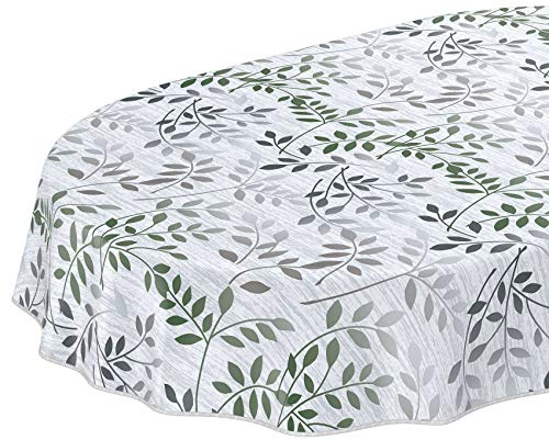 Wachstuchtischdecke abwaschbar Garten Tischdecke Wachstuch Rund Oval Eckig Indoor Outdoor Blätter Silber Grün Oval 180x140cm mit Saum - Eingefasst