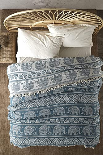BOHORIA® Premium Tagesdecke 220x240 cm Bali | Bettüberwurf Wohndecke Wendedecke Kuscheldecke Sofadecke mit Muster | extra-groß 220 x 240 cm (Elephant Teal)