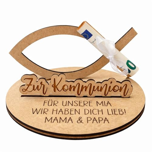 KT-Schmuckdesign Geldgeschenk Fisch - zur Konfirmation/Kommunion mit Wunschtext - Geschenkidee personalisiert Holzdeko mit Namen