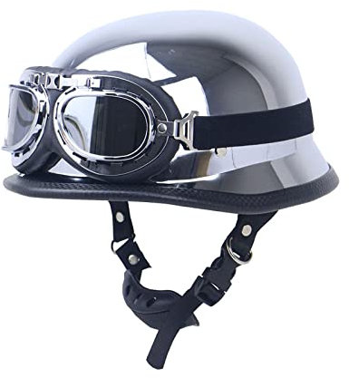 XDKJ Argento Mezzo Casco Retro Jet Caschi DOT ECE Omologato, Tedesco Casco A Scodella con Occhialoni, Portatile Casco Scooter Motorino Chopper Cruiser Universale (Size : XX-Large)