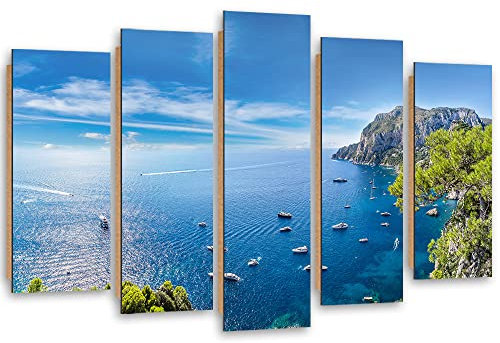 Feeby Wandbild 200x100 cm Strand Cliffs Schiffe Felsen 5 tlg Modern Wohnzimmer Bilder Wandbilder Deco Panel Holz Kunstdruck Schlafzimmer Flur Büro Meer Ozean Himmel Blau