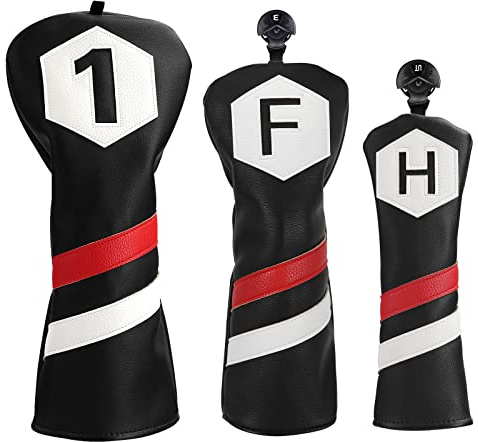 Big Teeth Golf Club Head covers Wood Set 3 PACKS 1FH DR FW UT for Driver Fairway Hybrid with No.Tag Balck White Red PU Leather