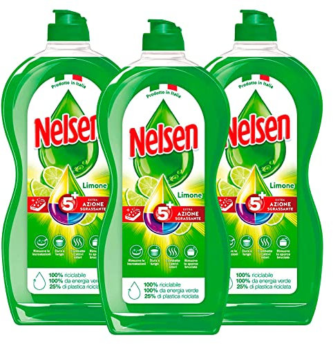 3x Nelsen Detersivo Liquido Sgrassante Profumo di Limone Sapone per Piatti 5 Azioni - Flacone da 900ml