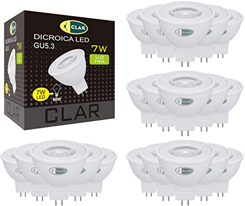 CLAR – Bombilla LED GU5.3 MR16 12V 7W, Luz Blanca Fría 6000K, Sustituto Halógeno, Dicroica LED de Bajo Consumo para Focos Empotrables, (Pack 20)