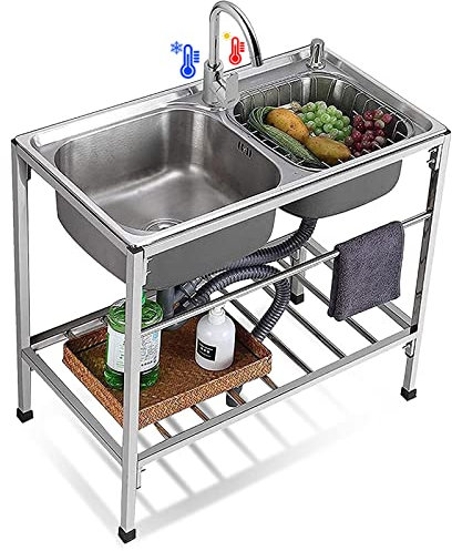 Spültisch Edelstahl Gastrospüle Abwaschbecken Spüle Spülbecken Waschbecken Freistehender Spültisch Becken mit Doppelbecken Zubehör mit Wasserhahn mit Kalt und Warmwasserschläuchen 80cmx43cmx75cm