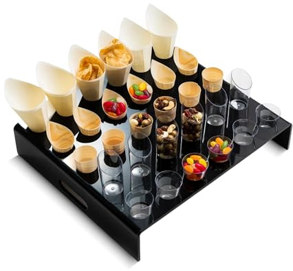 CANAPE KING Ice Cream Cones Holder - 30 Holes Perspex Decorative Waffle Snack Cupcake Popcorn Serving Rectangular Stand (42 x 37 x 8cm) - For Parties Birthday Catering Dinner (Black)