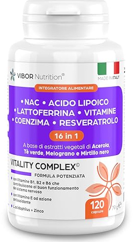Vibor Vitality Complex 120 Cps Integratore 3 in 1 Con NAC N-Acetil-Cisteina, 16 Ingredienti, Difese Immunitarie Adulti, Fermenti Lattici Probiotici, Lattoferrina,Vitamina C B1 B2 B6,Acido Alfa Lipoico