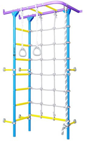 JEFLEX - blau/lila/gelbe Kinder Sprossenwand mit Kletternetz/Kinder Klettergerüst mit Turnringen & Klettertau/fördert Fitness & Koordination/Simple Wandmontage/inkl. Kletterwand-Zubehör
