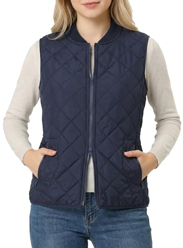 Fuinloth Women's Quilted Vest, Rib Collar Lightweight Zip Padded Gilet Dark Blue L