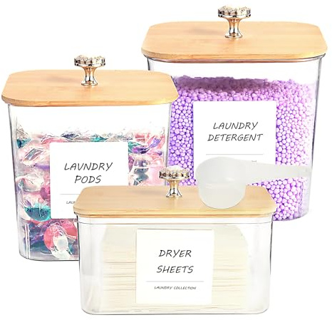 PLOUTA HOME 3 Pack Laundry Room Organization Storage Containers, Plastic Clear Laundry Pods Container & Dryer Sheet Holder Jars with Lids, Scoops & Labels for Detergent, Powder, Dryer Balls, Beads