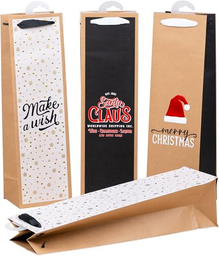 HEKU Weihnachts-Flaschentaschen mit Hotfoil-Veredelung und Prägung, 24 Stück I 4 trendige Weihnachtsmotive I Hochwertiges Papier I Vielseitige Größe für Wein & Spirituosen 40x10x12cm