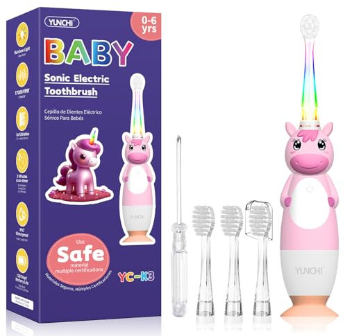 Baby Electric Toothbrushes 0-3-6 Years Toddler Kids Tooth Brush with Timer Colorful Rainbow LED Light 4 Soft Heads Battery-Powered for Girls Boys Childrens YUNCHI K3 (Pink Unicorn)