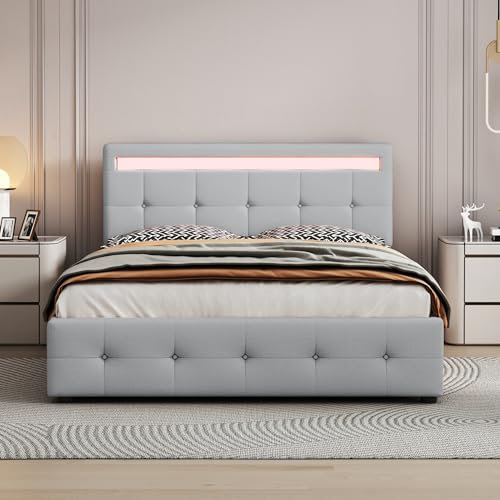 BNUZ Polsterbett mit LED, 140x200cm,Lattenrost & Bettkasten auf Rollen, Einzelbett mit Kopfteil & 4 Schubladen, hautfreudliches Leinen-Oberfläche Kinderbett Jugendbett Gästebett(ohne Matratze) (grau)