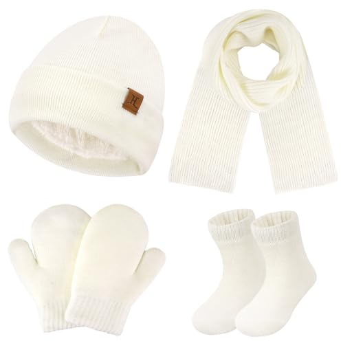 4 Stück Winter Warm Kinder Mütze Handschuhe Schal Socken Set Fleece Gefütterte Beanie Wintermütze Strickmützen für 0 6 12 Monate Baby Kleinkinder 1 2 3 4 Jahre Mädchen Jungen Geschenke, Beige