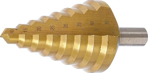 BGS 74430 | Stufenbohrer | titan-nitriert | Ø 10-45 mm | HSS-Stahl (4241) | Dreiflächenschaft Ø 12 mm | Bohrstufen 10, 15, 20, 25, 30, 35, 40, 45 mm
