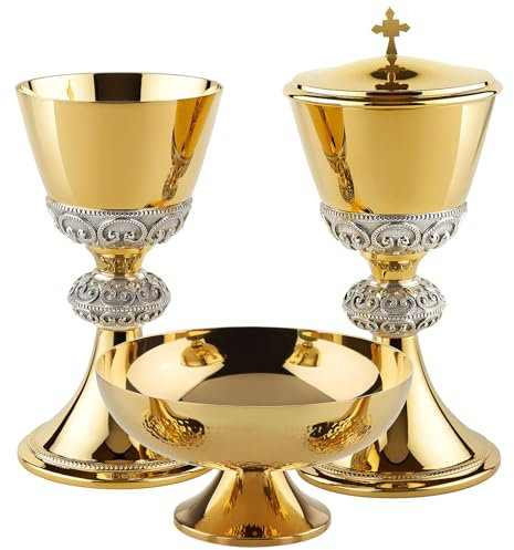Holyart Kelch, Ziborium, Hostienschale, Messing zweifarbig versilbert/vergoldet, Knoten mit Spangenmotiv, Molina, Kelch