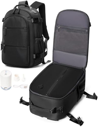 VENATIN Vakuum Rucksack Handgepäck mit Vakuumsystem, Reiserucksack Flugzeug Vakuum für Damen Herren, Ryanair Handgepäck 40x30x20 mit pumpe, Schwarz