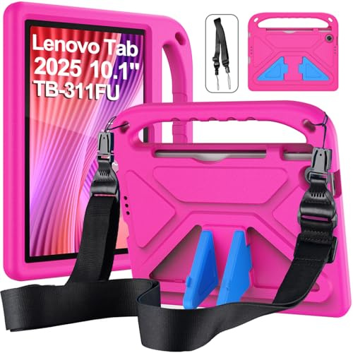 RollinCase Fodral för barn för Lenovo Tab Tablet 2025 10,1 tum (TB311FU), Eva Lätt stötsäkert skyddsfodral med barnhandtag och axelrem, Magenta