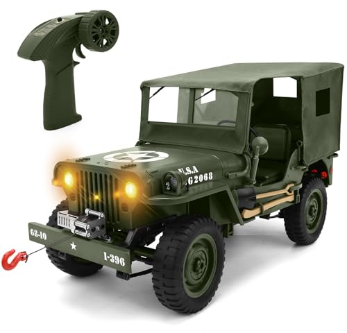 Camion radiocomandato fuoristrada - 4x4 1/10 Scala Willys Army Rock Crawler RC Truck con verricello e copertura auto, 40 minuti di gioco auto fuoristrada RC fuoristrada, giocattoli militari per