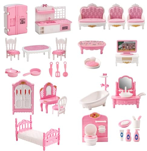 4 Sets Juego de Muebles de casa de muñecas, miniaturas de casa de muñecas de plástico realistas Incluye Cocina, Dormitorio, baño y Sala de Estar Kit de Bricolaje, Accesorios de Casas de y mue