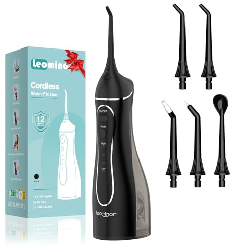 Leominor Flosser dentale per denti, irrigatore orale portatile da 200 ml, serbatoio rimovibile, impermeabile IPX7, ricaricabile, da viaggio, macchina professionale per filo interdentale (nero)