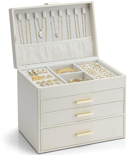 Vlando Jewellery Box for Women, 4 Tier Jewellery Organiser with Necklace Holder, Boxes & Organisers for Ring Bracelet and Watch, Gift for Women,Cream White