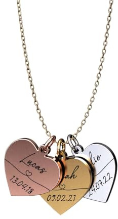 Generisch Personalisierte Halskette mit Gravur | Herzen mit Namen & Geburtsdaten der Kinder | Geschenk Mama | Gold, Silber, Roségold | Edelstahl Wasserfest | Made in Germany
