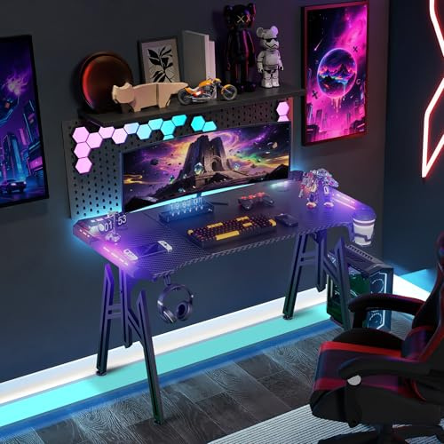 LZQ 120x60cm Escritorio LED para gaming, mesa de ordenador en negro, mesa de PC con soporte para bebidas y ganchos para auriculares, escritorio de gaming M-Frame ergonómico, escritorio gaming con