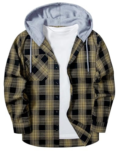 SwissWell Camicie Flanella da Uomo Manica Lunga Camicie a Quadri con Cappuccio Casual Giacca Camicia da Boscaiolo Lavoro,D125 Nero Beige,L