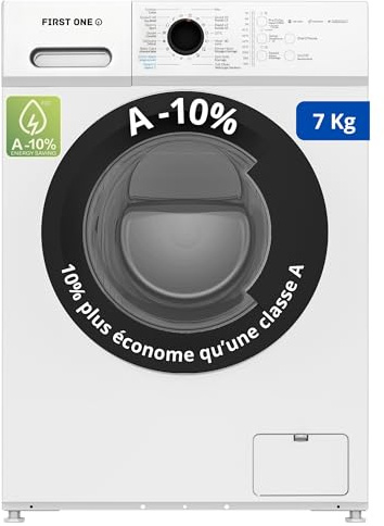 Lave-linge frontal FIRST ONE FLL71200WH - 7 Kg - 1200 tr/mn - 16 programmes - Eco - Intensif - Rapide – Très Faible conso Classe A-10%