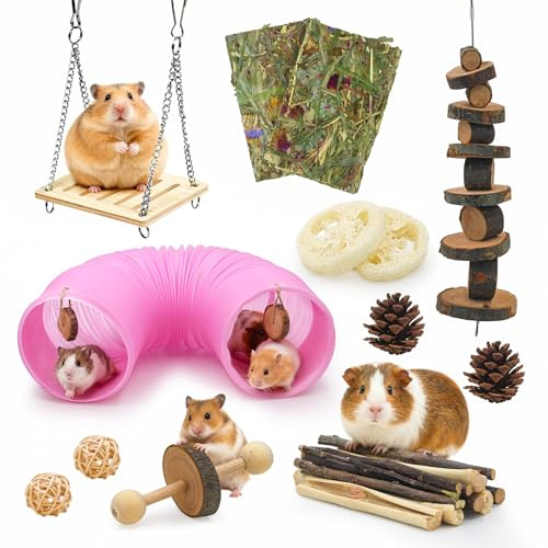 matafat Guinea Pig Toys Kit with Pink Hamster Fun Plastic Tunnel Small Animals Chew Toys with Natural Timothy Hay Chips, 30 Pcs Hamster Cage Accessories for Gerbils, Rats, Mice, Ferrets (Pink)