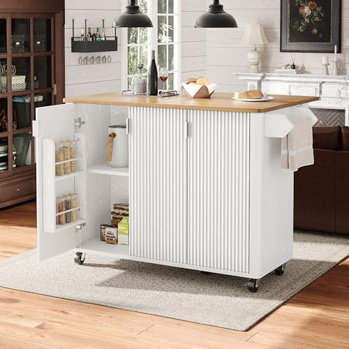 Bladez Carrito de cocina con ruedas, isla de cocina, carrito para servir con encimera plegable, espacio de almacenamiento, estante para especias y toallero, armario de cocina móvil (blanco)