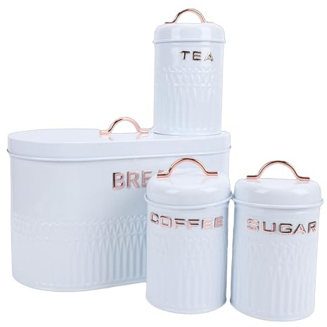 Acouto Juego de Caja y Recipiente de Metal para Pan, Recipiente de Metal de Almacenamiento de Calidad Alimentaria, de Azúcar para té y café, para Encimera de Cocina, RV (WHITE)