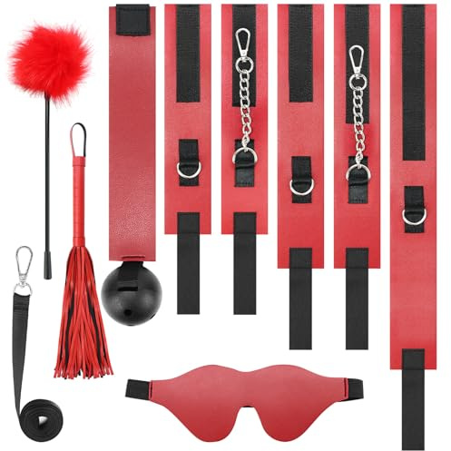 Kit Bondage BDSM 7 Pezzi per Coppie – Set di Costrizioni in PU con Maschera per Occhi, Bavaglio a Sfera, Flogger, Collare con Guinzaglio, Manette, Cavigliere e Piuma Stuzzicante
