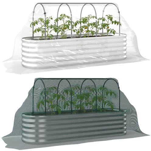Outsunny Orto Rialzato da Esterno con Graticcio per Piante Rampicanti, Serra Coperture, Fioriera da Esterno Elevata in Acciaio con Fondo Aperto e Guanti, Verdure e Fiori, 200x60x103 cm, Argento