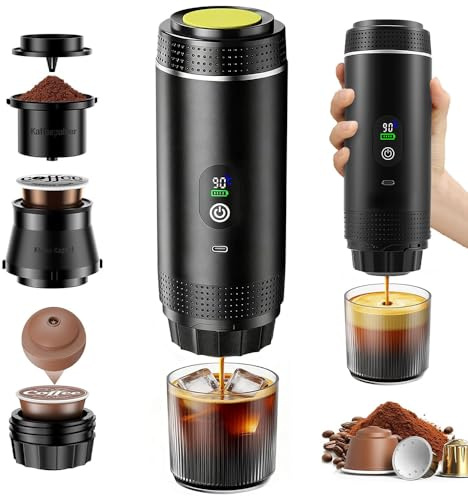 SKJJM Cafetera Portátil 3 en 1, Mini Cafetera Portátil de Espresso y Capsulas, Autocalentamiento de 5 Minutos, Compatible con Cápsulas y Café Molido, Carga Rápida USB-C, para Acampadas, Senderismo