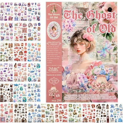 Vintage Sticker Set 24 Bögen mit über 400 verschiedenen Motiven für Scrapbooking, Journaling & Bullet Journal, Sticker Buch Erwachsene, Zubehör für Planner, Aufkleber Blumen, Aesthetic Sticker