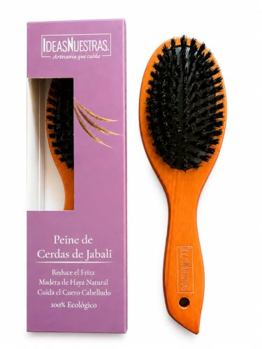 Cepillo de Pelo de Cerdas Naturales de Jabalí | Madera de Haya Natural | Reduce el Frizz y Aporta Brillo | Caja Regalo Premium | Ideas Nuestras®
