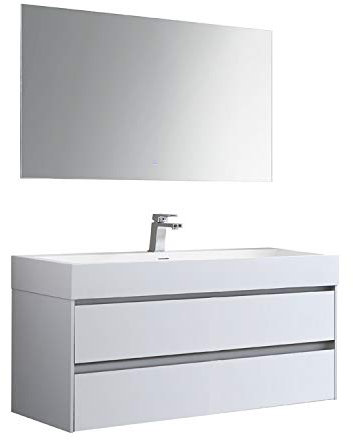 StoneArt Badmöbel-Set mit Mineralguss Waschbecken und Unterschrank und LED Spiegel Touch-Sensor Waschtisch als Einzel- oder Doppelwaschbecken Mailand ML-1000 weiß glänzend 100cm