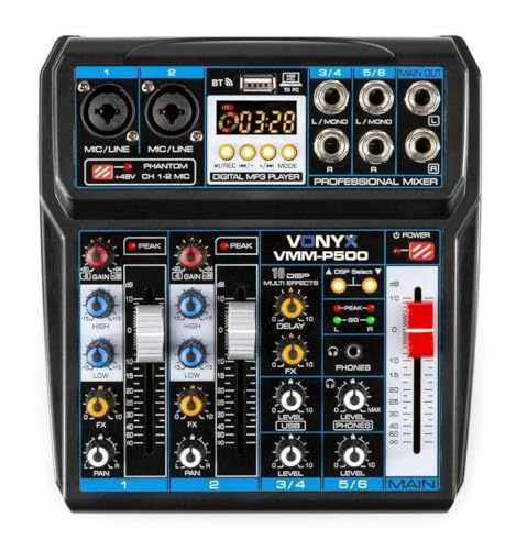 Vonyx VMM-P500 Table de Mixage 4 Canaux, Technologie Bluetooth, MP3/USB, 16 Effets Digitaux, Entrées Microphones, Sonorisation Professionnelle, DJ, Discothèque