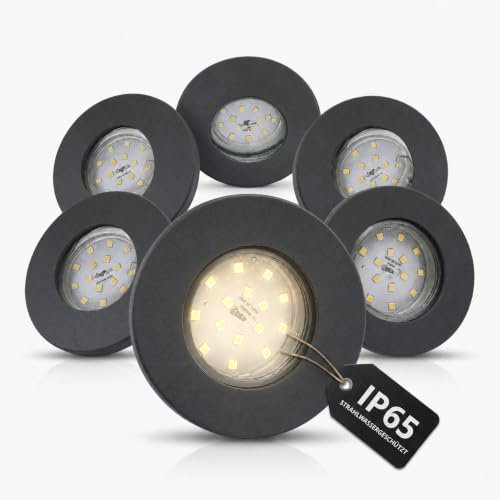 Trango 6er Set IP65 LED Einbaustrahler Anthrazit Matt 6729IP65-061MO inkl. 6x 5W LED Modul – 3000K Warmweiß – ultra flach 23 mm – direkt 230V – Bad Einbauspots für Dusche & Feuchträume
