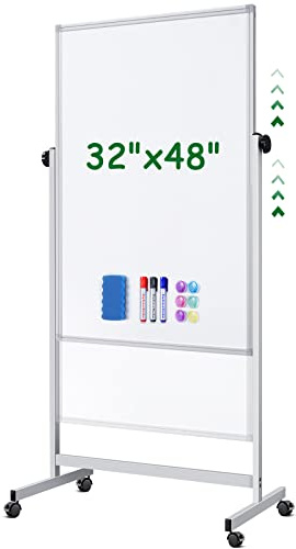 Rolling Whiteboard on Wheels, 32x48 Inches Double-Sided Magnetic Dry Erase Board with Stand, Height Adjustable Mobile White Board Easel for Classroom Home Office